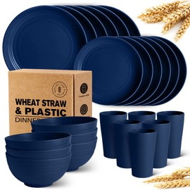Teivio 24-Piece Kitchen Plastic Wheat Straw Dinnerware Set, Service for 6, Dinner Plates, Dessert Plate, Cereal Bowls, Cups, Unbreakable Plastic Outdoor Camping Dishes, Midnight Blue