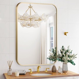 TITAMEG 22x30 Inch Bathroom Mirror for Wall,Matte Gold Framed Rectangle Mirror with Rounded Corner,Aluminum Alloy Framed Brushed Wall Mirror for Bedroom or Living Room,Vertical or Horizontal