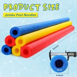 Hollowfly 6 Pack Jumbo Pool Noodles Swimming Floating Foam Tube Extra Large Hollow Bright Swimming Pool Noodles Bulk Heavy Duty for Adults(Red,Yellow,Blue,50 x 4.5 Inch)
