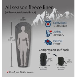 All Season Fleece Sleeping Bag Liner Lightweight Mummy Sleeping Sack for Cold Weather and Winter Backpacking, Camping, Traveling with Drawstring Hood(E629B)
