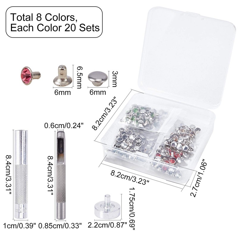 nbeads 200 Sets Rhinestone Rivets, 10 Colours Brass Crystal Rivets