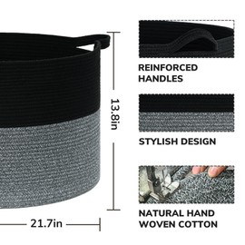 TIMEYARD Extra Large Laundry Basket, 21.7'' x 13.8'' Basket for Blankets Living Room Toy Storage Baskets, Decorative Baskets for Dirty Clothes Pillows Towel, 90L Black & Grey