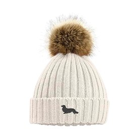 The House Of Dog: Long Haired Dachshund Owner Hat Gift. Faux Fur Pom Pom Chunky Knit Super Soft Unisex Embroidered Beanie Oatmeal