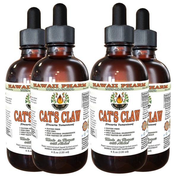 Cat's Claw Alcohol-Free Liquid Extract, Cat's Claw (Uncaria Tomentosa) Dried Inner Bark Glycerite Hawaii Pharm Natural Herbal Supplement 4x4 oz