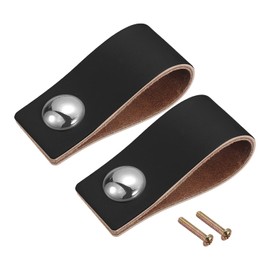 QUARKZMAN Leather Drawer Handles 2.5 Inch Pack of 2 Leather Furniture Handles Drawer Knobs Handles with Screws for Dressers Drawers Cupboard Doors Black/Silver