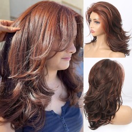 LEOSA Brown Highlight Layered Wig Medium Brown Wig Synthetic Ombre Wig for White Women Long Wavy Mid Length Light Brown Wig for Women Long Haired Wig for Daily Party Use 18INCH