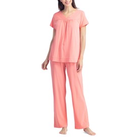 Fishers Finery Women's Sleepwear Set; Short Sleeve; Pant; Relaxed Fit (Coral, L)
