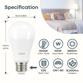 Linkind A19 LED Light Bulb, 100W Equivalent Light Bulbs, 14W 5000K Daylight, 1600 Lumens Non-Dimmable LED Bulb, E26 Standard Base, Energy Efficient UL Listed, 12-Pack