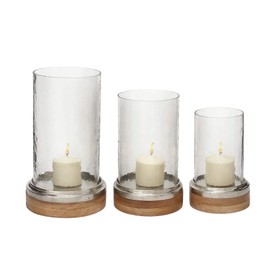 Deco 79 Wood Pillar Hurricane Lamp, Set of 3 13, 11, 9"H, Brown