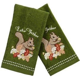 Autumn Fall Fingertip Towels for Bathroom – Set of 2 Forest Olive Green 100% Cotton with Embroidered “Let’s Gather” Squirrel Design – 12" x 18" Decorative Bath & Kitchen Towels
