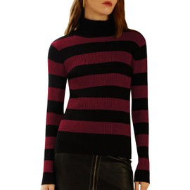 ninovino Women's Turtleneck Ribbed Pollover Tops Ribbed Knit Striped Sweater Black Red L