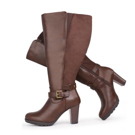Chicblooms Women's Plus Size Extra Wide Calf High Heel Dress Boots with Ankle Buckle,Brown Suede,10 M US