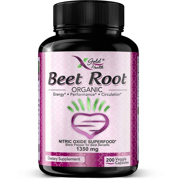 Organic Beet Root Powder 1350mg 200 Veggie caps Superfood Nitric Oxide Strongest Premium Supplement Natural Nitrates w/Black Pepper for Best Benefits - Vegan, Non-GMO, & Gluten-Free Made in USA