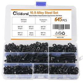 645 Pcs M4 x 8/12/16/20/25/30mm 10.9 Grade Alloy Steel Button Head Socket Cap Screws Bolts with M4 Nuts, M4 Washers and 1 Pcs Hex Key Wrenches Assortment Kit