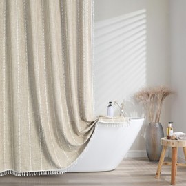 meioro Striped Shower Curtain Boho Farmhouse Shower Curtains, Linen Woven Fabric Textile Shower Curtain Set with 12 Hooks, Waterproof Rustic Bohemian Shower Curtain for Bathroom (Beige, 183 x 198 cm)
