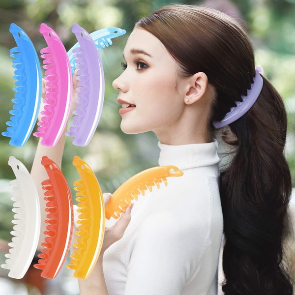 RC ROCHE ORNAMENT 6 Pcs Womens Premium Hair Plastic Banana Classic Clincher Strong Hold Ponytail Maker Girls Ladies Beauty Accessory Clasp Clip, Large Jelly Candy Multicolor