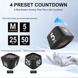 MOSTRUST Rotating Cube Pomodoro Timer 5, 25, 10, 50 Min Preset + Custom Countdown, Desk Productivity Flip Visual Timer w/Silicone Case, Silent Mode, Ideal for ADHD Tool Study Work School (Black)