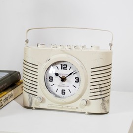 Vintage Radio Mantel Clock 22x20x8cm Cream Distrssed Metal Retro Table Desk Novelty Decor