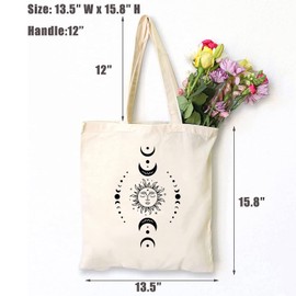 TSIIUO Women's Celestial Sun and Moon Boho Canvas Tote Bag Funny Moon Phase Lover Reusable Shopping Canvas Bag White