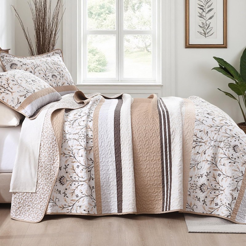 100% Cotton Quilt Set King Size - Reversible Botanical Quilted