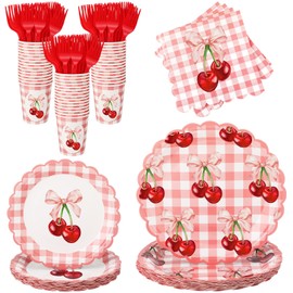 Havawish 120 Pcs Birthday Party Tableware Set - Disposable Dinner Plates, Dessert Plates, Napkins & Forks for 24 Guests Birthday, Baby Shower, Bachelorette Party Supplies(Bow Cherry)