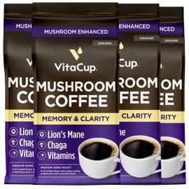 VitaCup Mushroom Coffee Grounds, with Lions Mane, Chaga, B Vitamins, D3, Boost Focus, Immunity, Memory & Clarity, Medium Dark Roast, Bold & Smooth 100% Arabica Specialty, 4 bags, 10oz each