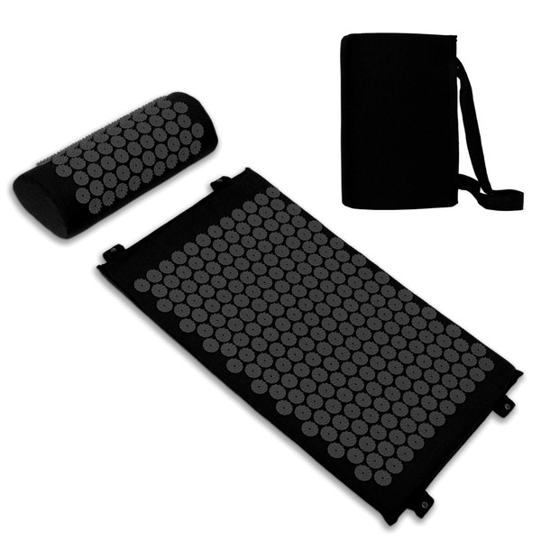 Belmalia Acupressure Mat with Cushion, Acupressure Set with Neck Pillow for Relaxation, Massage Mat with Carry Handles, Black