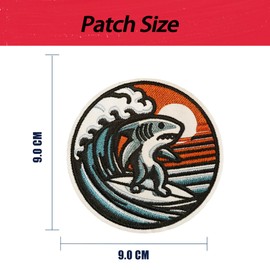 Wikineon Shark Surfing Patch Iron-On & Sew-on | Stylish Adult Design | Embroidered Patch for Jackets, Hoodies, Jeans