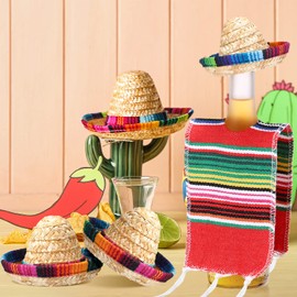 Panitay 10 Sets Tiny Sombrero Hats Mini Serapes for Bottles Beer Poncho Cover Sombrero Bottles Topper for Mexican Fiesta Party Decor