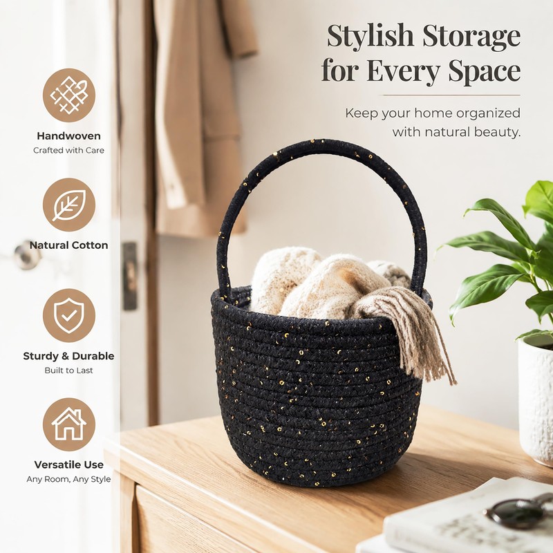 Prudance Small Woven Cotton Basket with Sparkly Gold Sequins, 6"x5",Black