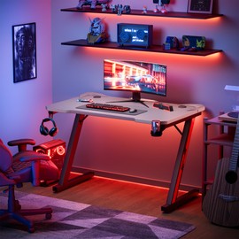 Furmax Gaming Desk Computer Desk Z-Shaped Gaming Table with Carbon Fibre Surface Home Office Desk PC Workstation Desk with Cup Holder, Headphone Hook Modern Style Desk (Gray, 44 inch)