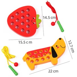 QZMTOY Montessori Wooden Toy Threading Game Educational Game Motor Skills Toy for 3 Year Old Travel Toy Toddler Toy 1 Strawberry and 1 Dog