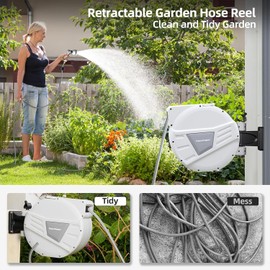 Garden Hose Reel Retractable Hose Reel 1/2 Inch x 65 ft, Any Length Lock Water Hose Reel with 10 Pattern Nozzle, Wall Mounted Retractable Hose Reel Slow Return System and 180° Swivel, Gray