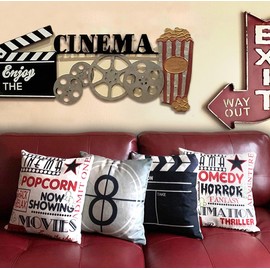 4TH Emotion Home Movie Theater Pillow Covers Set of 4 16x16 Inch, Vintage Movie Room Accessories, TV Room Decorations, Retro Cinema Throw Cushion Case for Sofa Couch