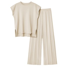 LILLUSORY 2 Piece Sets for Women Summer Vacation 2025 Lounge Outfits Matching Two Pcs Spring Knit Tracksuits Sweat Suits Beige XL