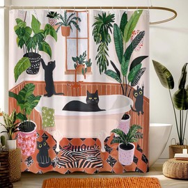 Funny Cat Shower Curtain Boho Cute Fun Black Cats Matisse Shower Curtains for Bathroom Kitten Green Tropical Plant Leaves Beige Brown Red Waterproof Fabric Bath Curtain Decor 72 X 72 Inches