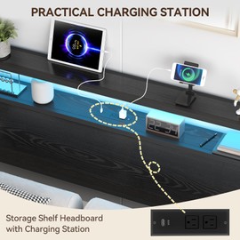 GAOMON King Size Headboard, Storage Head Board with 2 Outlets, LED Lights and USB Ports, Adjustable Height, Headboard for King Size Bed Frame with Storage Rack, Sturdy and Stable, Black