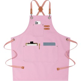 AFUN Chef Aprons for Men Women with Large Pockets, Cotton Canvas Cross Back Heavy Duty Adjustable Work Apron, Size M to XXL (Lightpink)