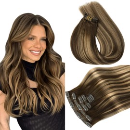 Worldstar Seamless Clip in Hair Extensions Human Hair, 16 Inch 110g 6pcs #4/27/4 Balayage Chocolate Brown to Caramel Blonde Hair Extensions Invisible Clip in Human Hair PU Skin Weft (pu#4/27/4-16)
