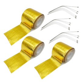 ESNET SN-226-T Gold Tape General Purpose Thermal Insulation Heat Resistant Solid Color Up To 350 Degrees With Tie Wrap Intake Pipe Heat Reflectivity Engine Muffler Dress Up Aluminum Inner Car (15m +