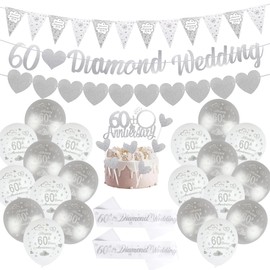 60 Wedding Anniversary Decorations 60 Silver Wedding Banner Balloons Happy 60th Anniversary CakeToppe Satin Sash for 60