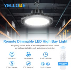 YELLORE LED High Bay Light 240W 36000LM 5000K Dimmable with Remote Control ETL DLC Listed High Bay LED Shop Lights IP65 Waterproof for Warehouse Workshop Factory Gym Garage Barn AC100-277V