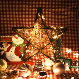Christmas Tree Topper Star for Xmas Decoration,Rattan Christmas Tree Topper with 30 LED Light,10 Inch Warm White Light Holiday Farmhouse Rustic Christmas Tree Decoration Indoor