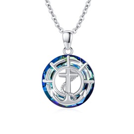 PCTJYFU Compass/Anchor Necklace 925 Sterling Silver Nautical Compass Pendant Necklace with Blue Circle Crystal/Zircon Jewelry Birthday Gift for Women Lady, Sterling Silver, Moonstone