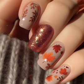 Thanksgiving Press on Nails Medium Square Fake Nails with Maple Leaf Design Stick on Nails Orange Glitter False Nails Autumn Glossy Full Cover Artificial Acrylic Glue on Nail for Women Maincure 24Pcs