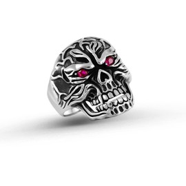 Solid 925 Sterling Silver CZ Cubic Zirconia Ruby Color Red Eyes Retro Gothic Biker Skull Luxury Men's Ring (10)