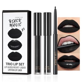 Liquid Lipstick Set, Black Lip Makeup Set with Velvet Lip Glaze, Lip Gloss and Lip Liner, Long Lasting Waterproof Liquid Lipsticks for Women Long Lasting, Non-Stick Cup Non-fading
