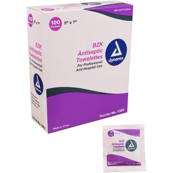 Dynarex BZK Antiseptic Towelettes, Moist Sanitizing Towelettes Designed to Prevent Infection in Minor Wounds, 5x7, Disposable & Individually Wrapped, 1 Box of 100 Dynarex BZK Antiseptic Towelettes