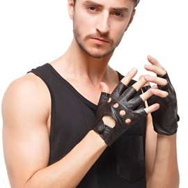 Nappaglo Men's Leather Driving Gloves Italian Lambskin Half Finger Fingerless Unlined Gloves for Motorcycle Cycling Riding (L (Palm Girth:8.5"-9"), Brown)