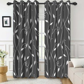 Grey Blackout Curtains for Bedroom, Leaf Print Window Curtains 84 Inches Length 2 Panels Set Noise Reducing Thermal Insulated Window Drapes for Living Room,52" W x 84" L